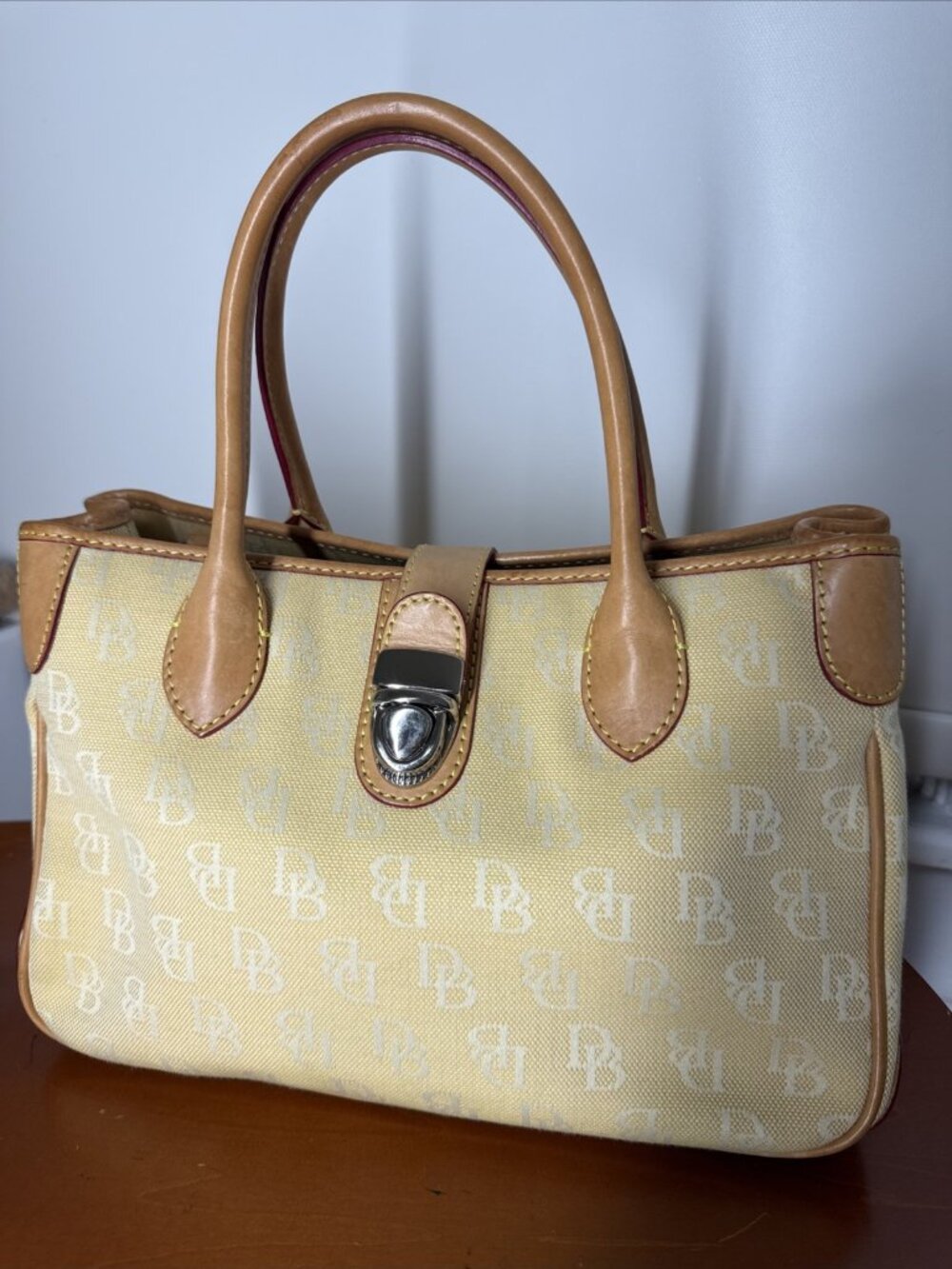 Dooney & Bourke Yellow/Cream DB Small Double Handle Tote Very Nice Leather Purse